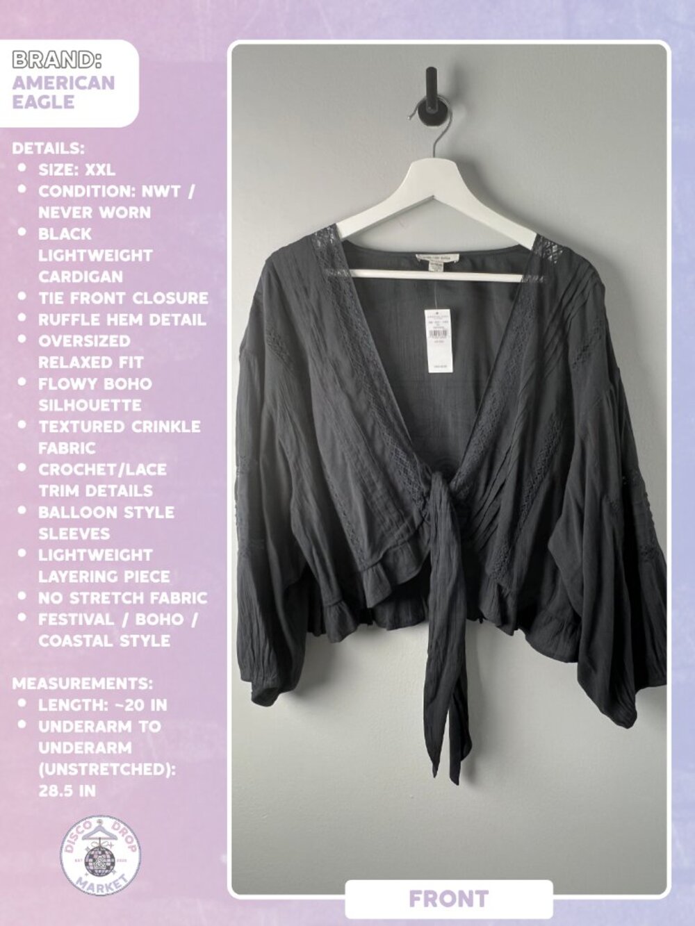 American Eagle Outfitters XXL Black Tie-front Cardigan/Top NWT 🖤